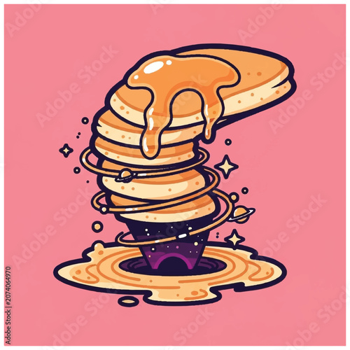 Pancakes with syrup pouring down.
