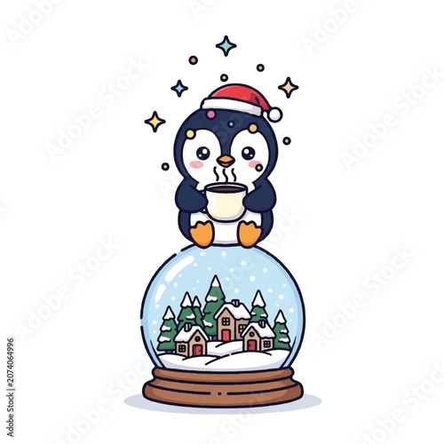 Penguin wearing Santa hat holding cup.