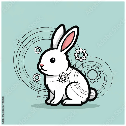 White Rabbit Sitting Cute Cartoon Character.