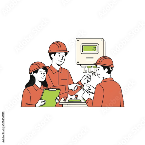 Team of electricians working together on electrical panel.
