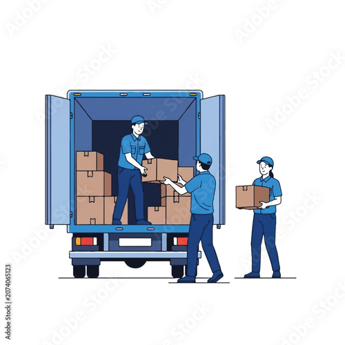 Workers loading boxes into truck.