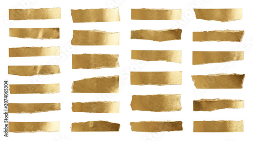 Metallic gold adhesive tape strips, set of 28 shiny washi tape elements, decorative golden masking tape pieces for scrapbooking and design isolated PNG with Transparent Background