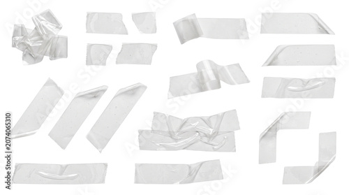 Transparent adhesive tape strips collection, clear plastic scotch tape pieces with wrinkles, realistic sticky duct tape set for moodboards and mockups isolated PNG with Transparent Background