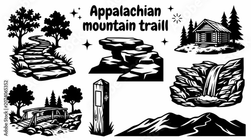 Картината върху платно Appalachian mountain trail vector collection isolated for forest hiking, American countryside, mountain landscapes, and outdoor adventure concepts