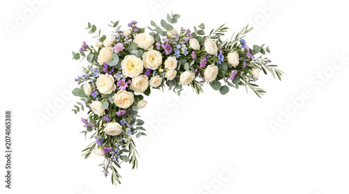 Elegant floral corner arrangement with cream roses and eucalyptus, romantic wedding flower border, botanical bouquet for invitation design isolated PNG with Transparent Background