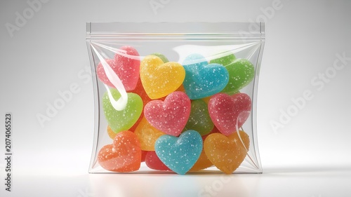 Colorful heart shaped sugar coated gummy candies inside a transparent plastic resealable bag on white background