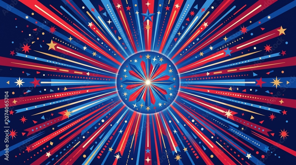 Fototapeta premium Abstract patriotic background with fireworks and starburst rays