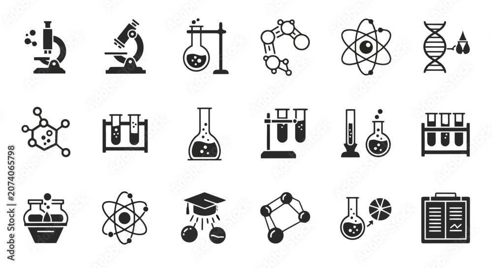 Fototapeta premium A collection of black and white science icons, including microscopes, test tubes, beakers, molecular structures, and atomic models, representing various fields of scientific research and education.