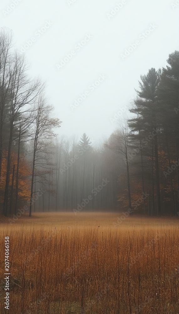 Fototapeta premium Misty Autumn Dawn over a Silent Landscape Filled with Golden Dried Field Grass Between Pine Woods