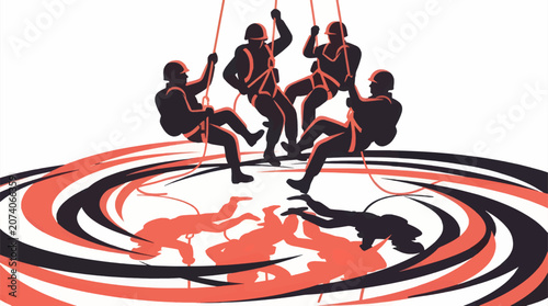 Quadro em tela Four Black Silhouettes Rappelling Down with Ropes, Dynamic Flat Design Vector Il
