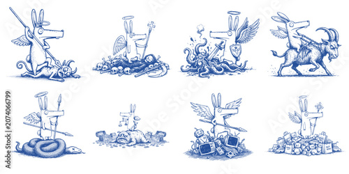 Funny Rabbit Angel Parody Collection Fighting Demons Monsters and Symbolic Enemies Vector Illustrations