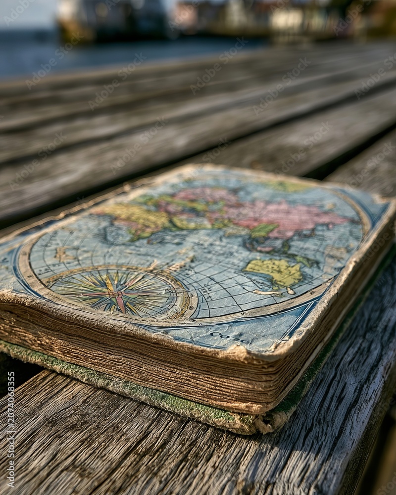 Fototapeta premium An aged antique vintage book featuring a world paper cover resting on a textured wooden pier surface