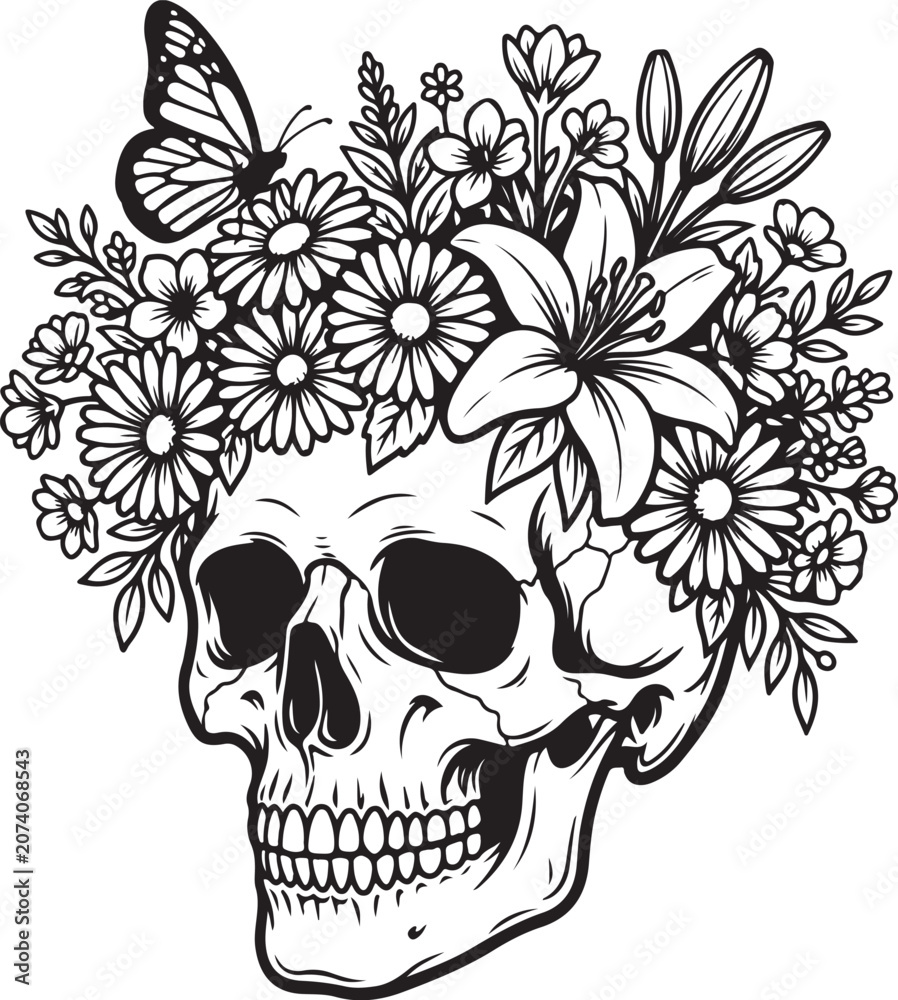 Fototapeta premium Skull with flowers vector illustration, human skull floral crown line art, butterfly and botanical skull graphic, black and white skull SVG for vinyl, gothic floral skull design, minimalist skull and 