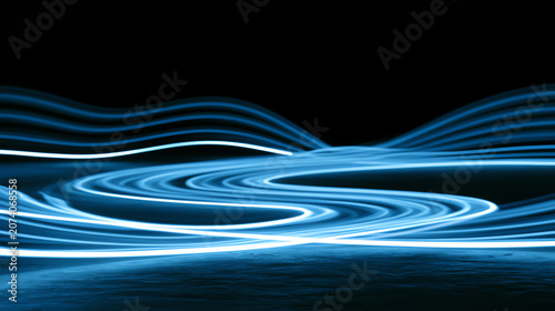 Abstract light trails create a mesmerizing wave pattern against a dark background, showcasing vibrant blue colors.