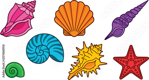 Obraz na plátně Colorful Seashells and Starfish Vector Element Set with Scallop Nautilus Conch a