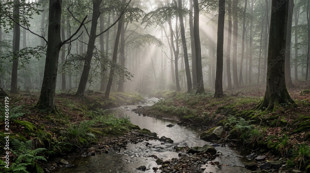 Obraz premium Sunbeams filtering through misty forest trees by a peaceful stream