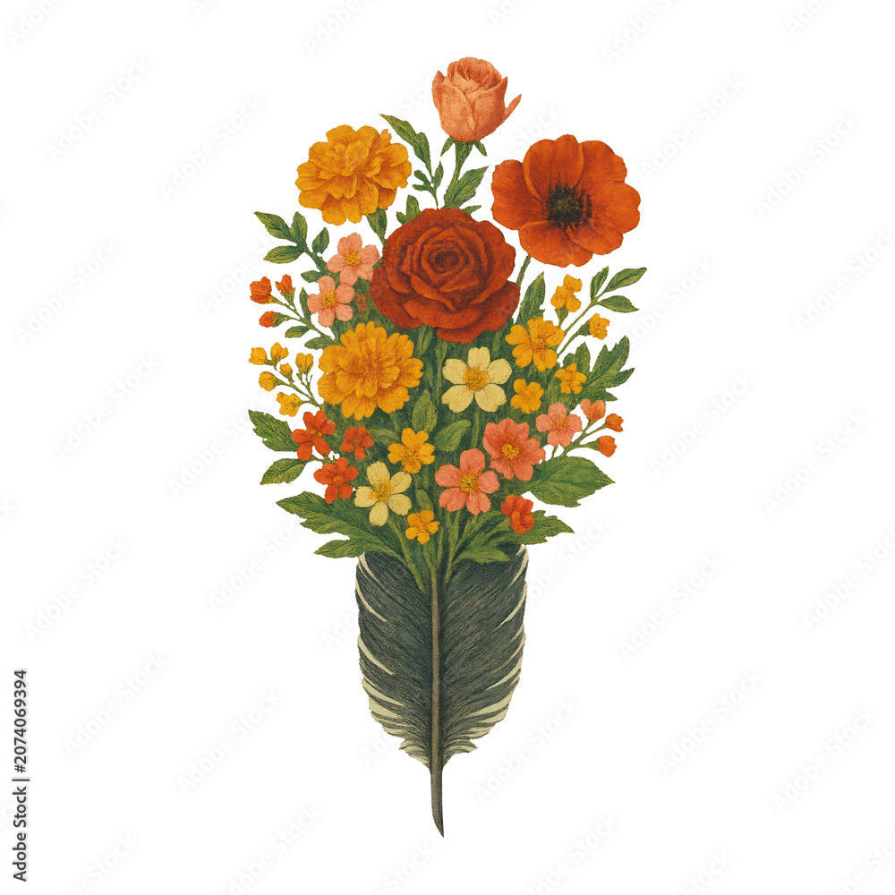 Fototapeta premium PNG Vibrant floral bouquet on feather.