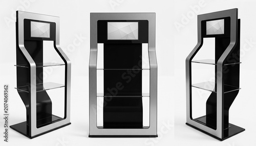 Glossy black acrylic retail with stainless steel design display shelf with a built in tvc on top and 3 shelves perfect for showcasing products in stores.