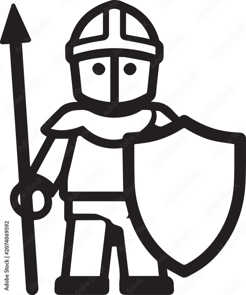 Fototapeta premium A medieval warrior stands in a stylized, graphic illustration, holding a spear and shield, ready for battle. This simple, bold design evokes historical combat and protection.