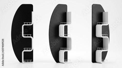 White and black acrylic matte retail display shelf with a built in 4 shelves perfect for showcasing products in stores and shopping malls. Modern design ideal for branding.