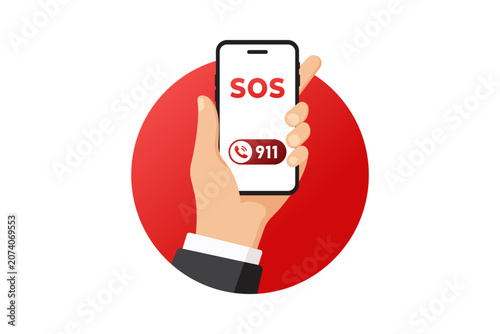 vector illustration of Hand holding a smartphone displaying SOS and 911 emergency call button against a red circle background, symbolizing urgent help, safety alert.