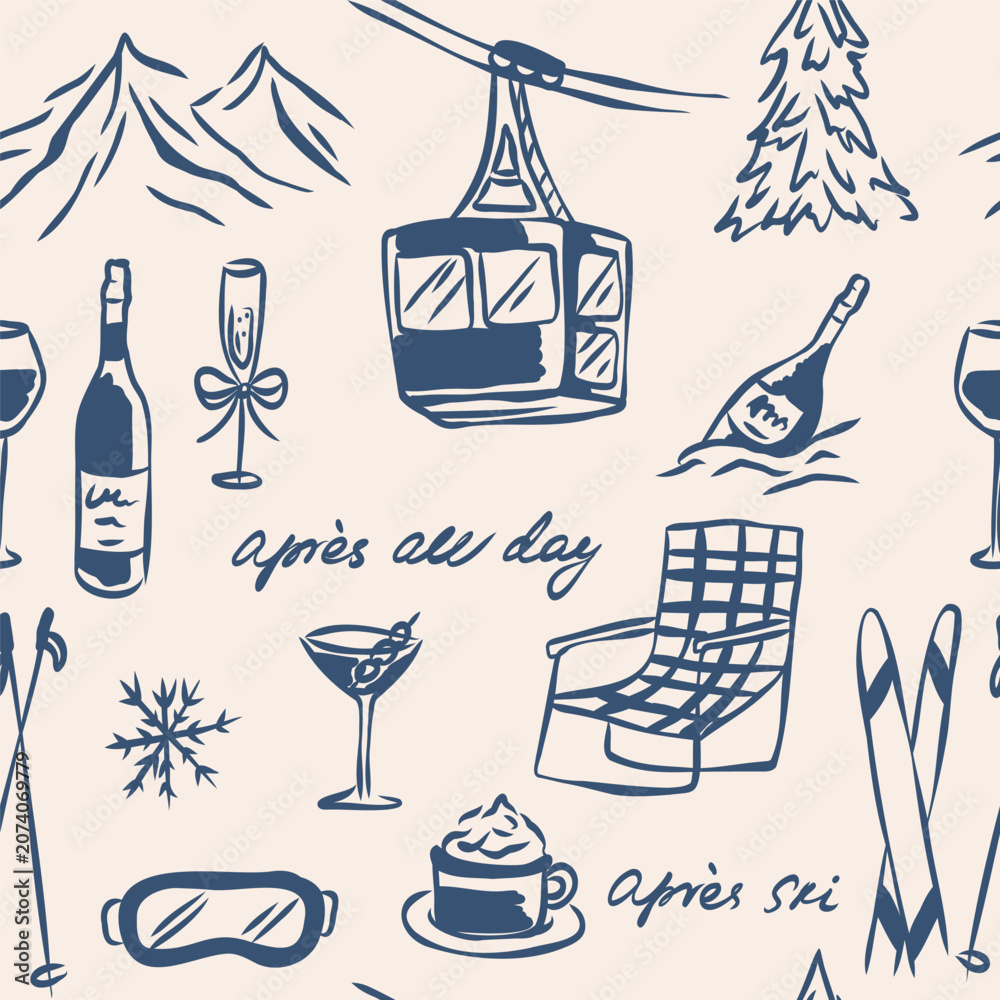 Fototapeta premium Vintage blue apres ski seamless pattern