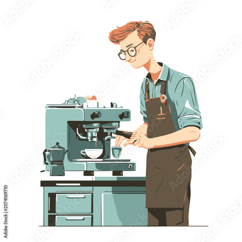 Barista making coffee at espresso machine illustration