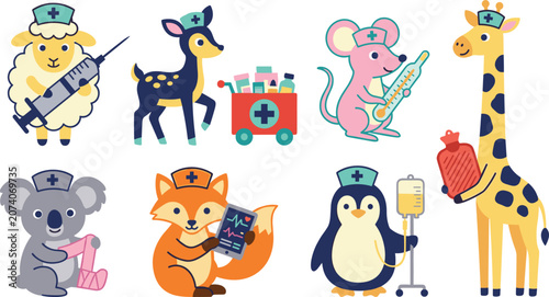 Canvas Print Cute Animal Nurse and Doctor Vector Character Set Featuring Sheep Deer Mouse Gir