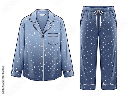Blue Polka Dot Pajama Set with Shirt and Pants.