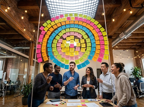 Team collaboration with colorful sticky notes on wall.