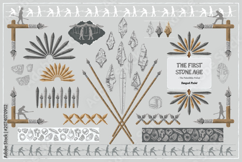 Korean Paleolithic Tanged Point Stone Spear Various Historical Elements Vector Graphic Pack