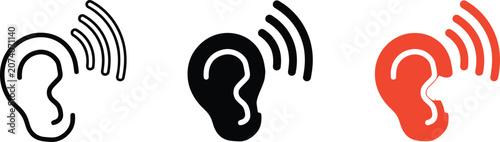 Minimalist ear icons with sound waves, hearing aid and auditory sense symbols, black and red human ear vector set for medical and accessibility design