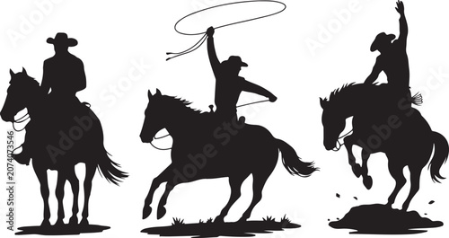 Foto Cowboy silhouettes roping and riding horses