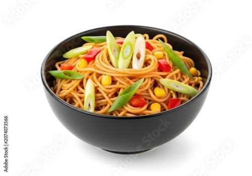 Colorful vegetable rice bowl with fresh celery and bell peppers in a black bowl
