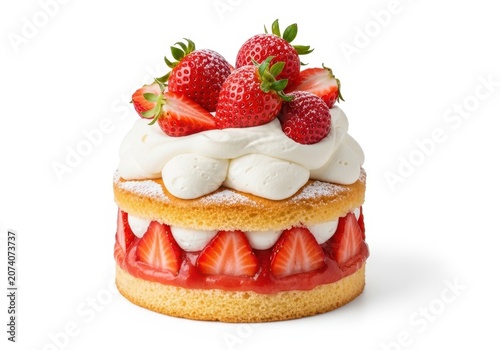 Colorful three layer cake with strawberries and cream topping