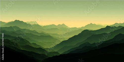 Fotografie Misty mountain range under a hazy, diffused light, with successive ridges receding into a serene, ethereal distance