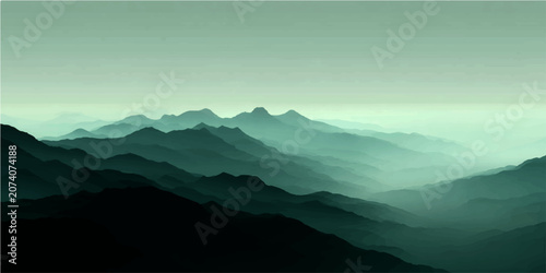 Εκτύπωση καμβά Misty, ethereal mountain range unfolds in a serene panorama, bathed pale, atmospheric hue, evoking tranquility and profound stillness