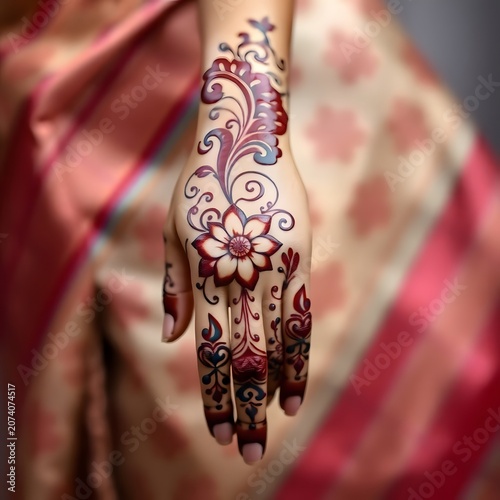 A woman's hand adorned with intricate henna tattoo designs on her fingers and palm
