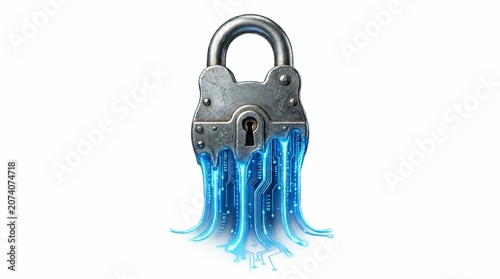 Cyber Security Symbol with Metal Padlock and Radiant Blue Digital Energy Circuitry Flowing Through It