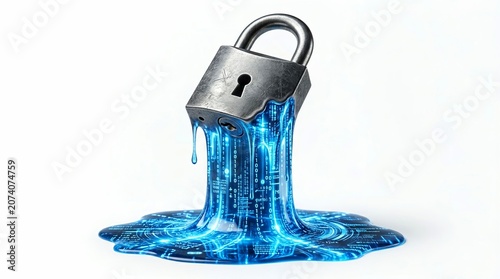 Digital security breakdown A melting padlock leaking glowing data, symbolizing a critical cybersecurity breach and vulnerability