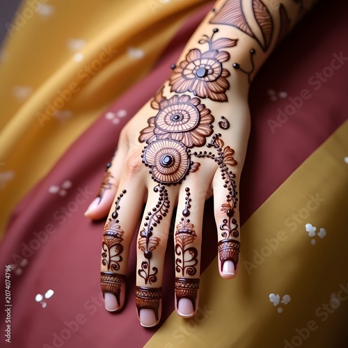 A woman's hand adorned with intricate henna tattoos and jewelry on her fingers
