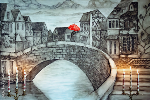 a beautiful black and white wall mural painting of an old town with lit candles burning in elegant golden candelabras