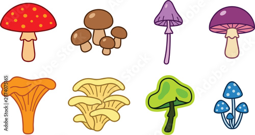 Konstfotografi Mushroom and Fungi Vector Icon Set Featuring Fly Agaric Chanterelle Oyster Mushr