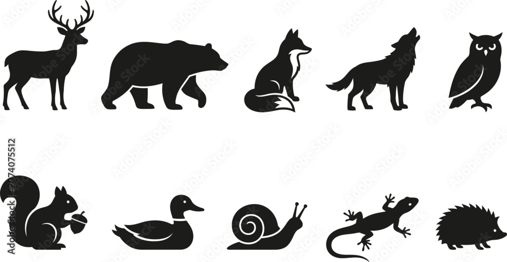 Fototapeta premium Wildlife icons, animal silhouettes, black animals, forest creatures, 10 icon set
