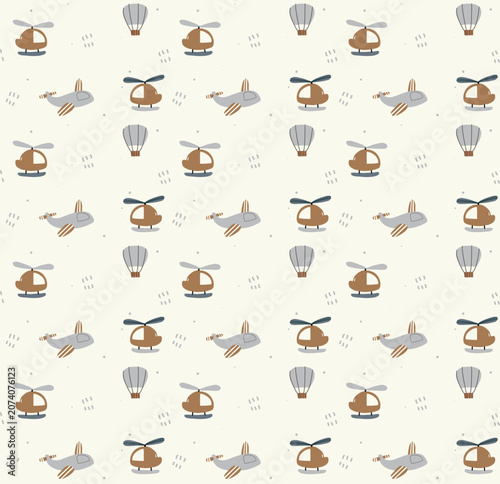 Seamless Kids Pattern with Boho Cartoon Airplanes Helicopters and Hot Air Balloons