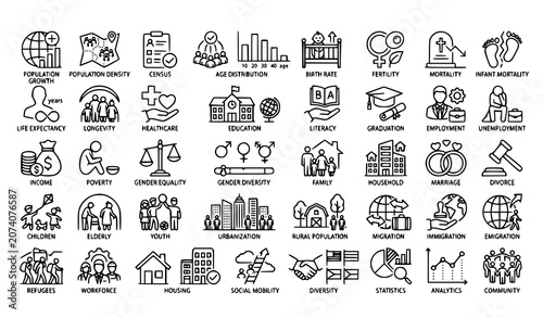 Bild auf Leinwand Demographic and Social Trends Thin Line Icon Set with Population Education Emplo