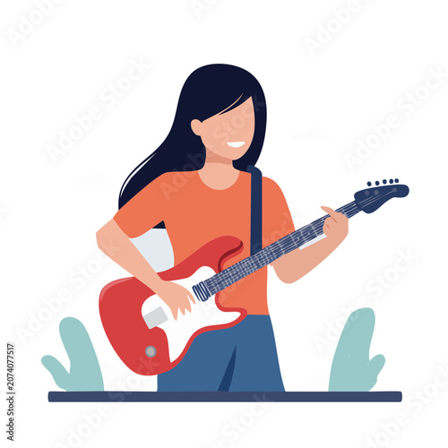 Woman playing electric guitar flat vector illustration