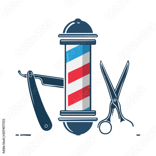 Barber Pole with Straight Razor and Scissors Vector Illustration