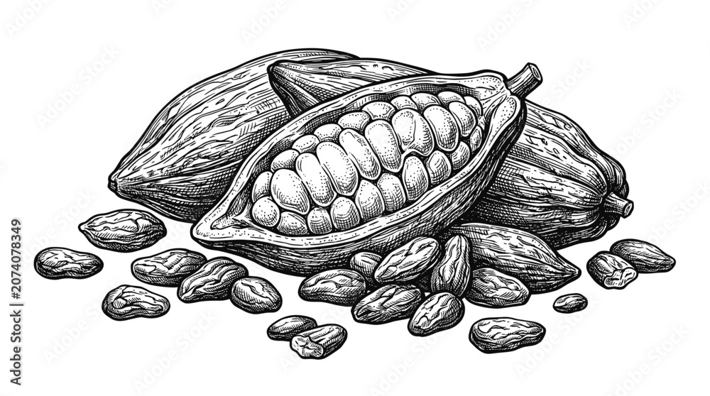 Fototapeta premium Cocoa Pods and Beans Botanical Engraved Ink Sketch Illustration
