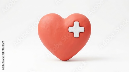 A studio photo captures a red heart with a white medical cross on a plain surface indoors.